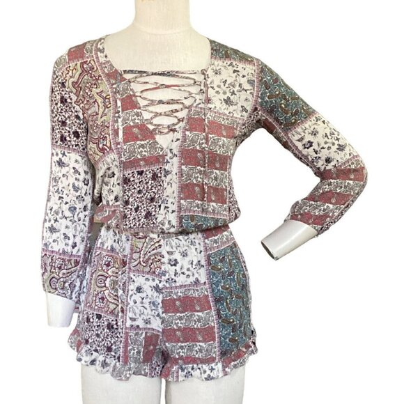 American Eagle Outfitters Lace-Up V-Neck Romper XS BOHO Cottagecore Hippie 149B - Picture 1 of 8